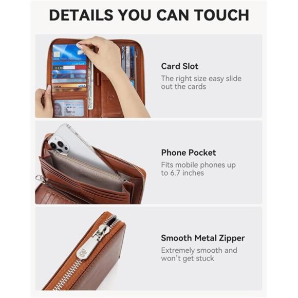 Leather Wallet RFID Blocking Zip Around Credit Cards Holder Clutch Brown - Picture 3 of 7